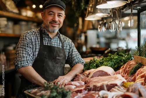 Butcher smiling at his butchery shop displaying fresh meat cuts photo