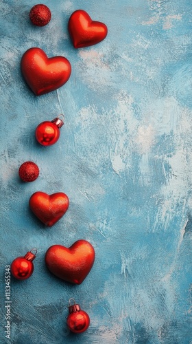 Red heart decorations arranged on a blue textured surface for a celebration o...