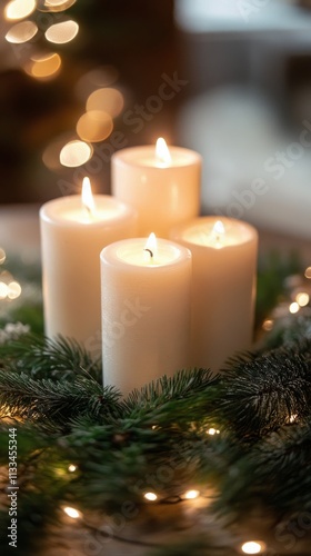 Elegantly arranged candles surrounded by festive greenery and soft lights for...