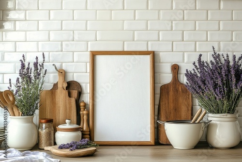 Lavender flowers and wooden kitchen decor create a cozy atmosphere for culina...