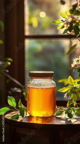 Golden honey jar illuminated by sunlight near window with green foliage