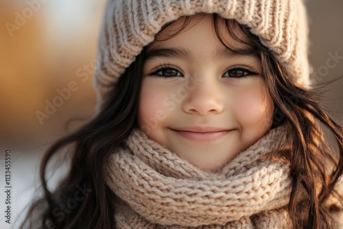 Young girl smiles warmly while wearing a knitted hat and scarf in a snowy outdoor setting during winter