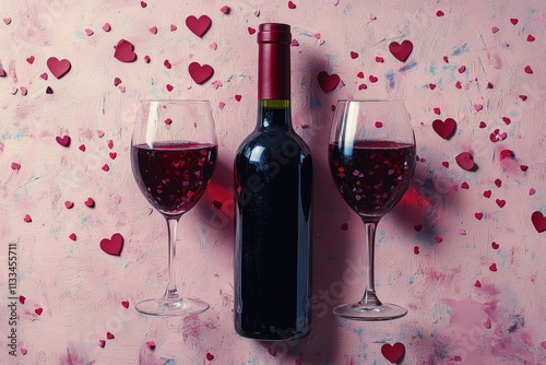 Romantic wine setup with hearts on a pink background for special occasions