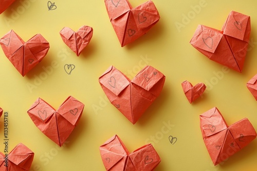 Creative display of handmade paper hearts on bright yellow background