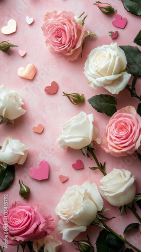 Colorful roses with heart shapes arranged beautifully on a pink background