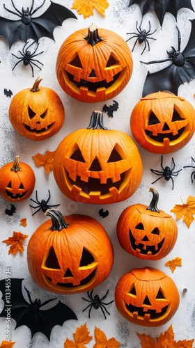 Colorful jack o lanterns and spooky decorations create a festive Halloween at...