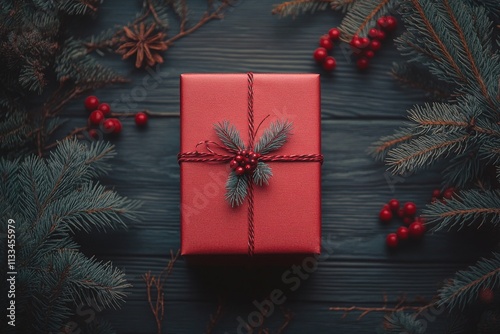 Vibrant red gift box surrounded by pine branches and pine cones on wooden table
