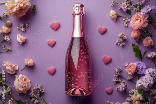 Celebration decor with sparkling beverage and flowers on a purple background