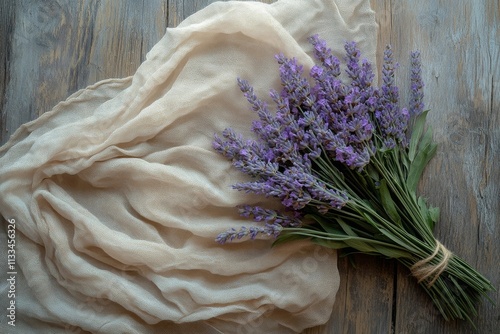 Purple lavender flowers arranged on soft yellow fabric with a natural wooden ...