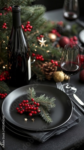 Elegant holiday table setting with red berries and wine in festive decor