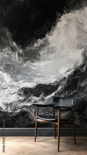 Elegant chair against a dramatic black and white wall mural in a minimalist i...
