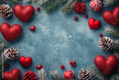 Decorative red hearts with pine cones and snow on light blue background for f...