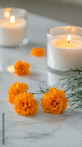Vibrant orange flowers and soft candles create a serene atmosphere in a cozy ...