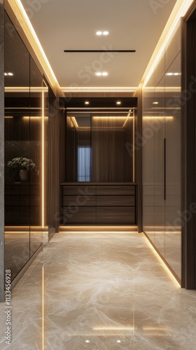 Elegant modern dressing room with stylish lighting and sleek storage solutions