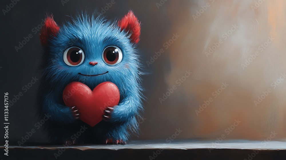 Fototapeta premium A Blue Furry Animal Holding a Heart, Radiating Cuteness and Love