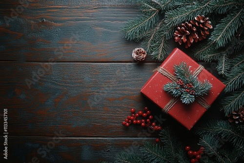 Vibrant red gift box surrounded by pine branches and pine cones on wooden table