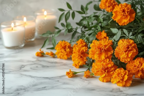 Bright orange marigolds arranged with candles on a marble surface create a se...