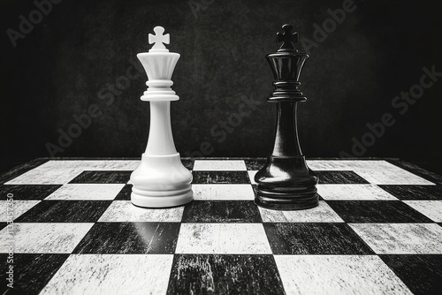 Chess match between white and black kings on a wooden board with dramatic lig...