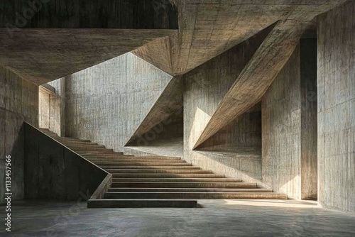 Innovative architectural design featuring angular concrete staircases in an o...