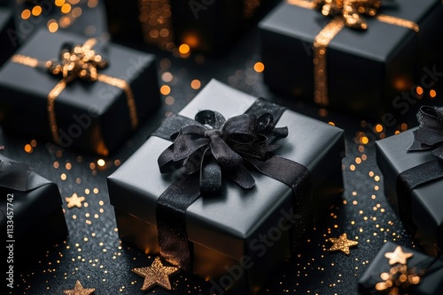 Elegant black gift boxes with golden decorations create a festive atmosphere