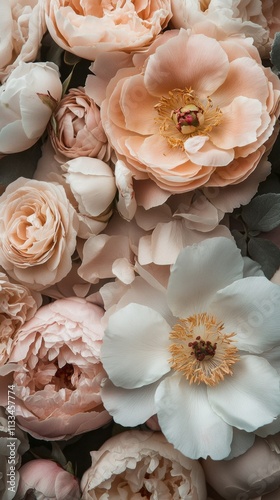 An exquisite arrangement showcases vibrant peonies and delicate blooms in soft pink and white shades, perfect for enhancing any space or occasion. Ideal for weddings, celebrations, Mocha Mousse