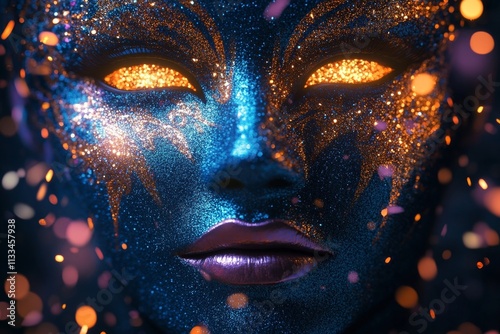 Mysterious figure adorned in a shimmering purple mask during a festive celebr...