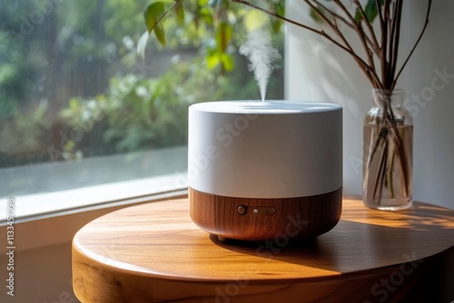 Modern aromatherapy diffuser on a wooden table in a sunlit contemporary room