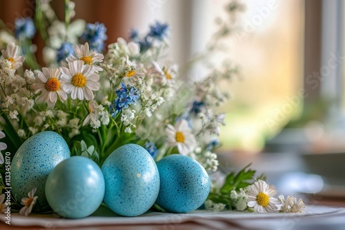 Elegant spring centerpiece featuring blue eggs and fresh flowers in a bowl