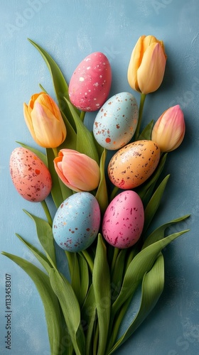 Colorful Easter eggs and tulips arranged on a blue background for festive dec...