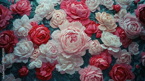 Lush pink, red paper flowers background.