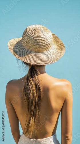 Woman with straw hat poses against a blue wall during a sunny day