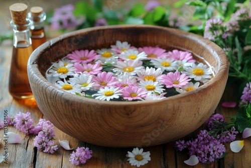 Floral arrangement in wooden bowl with essential oils on rustic table