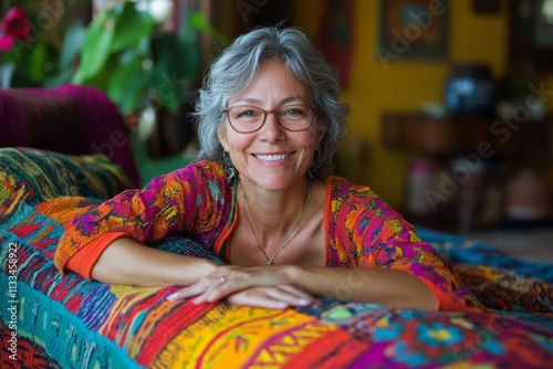 Smiling woman resting on colorful blanket in cozy setting at sunset
