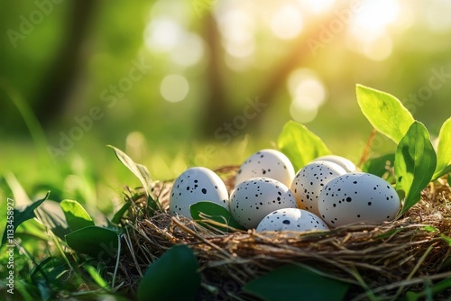 Nest of speckled eggs resting on green grass during a sunny day
