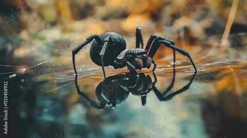 Close-up of a black spider walking on a reflective water surface in a natural setting. The blurred background enhances the focus on the spider and its reflection.. AI Generation photo