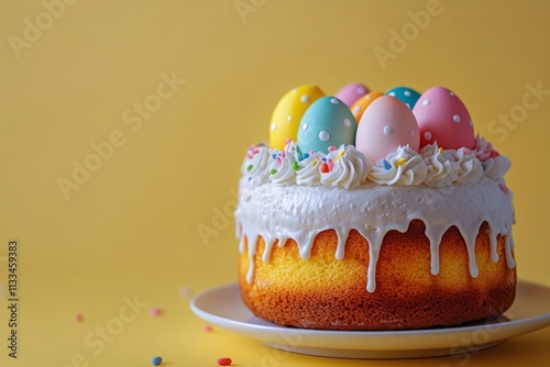 Colorful Easter cake with decorative eggs and sprinkles on a plain background