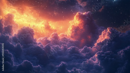 Vibrant sunset view over a cloud filled sky with stars twinkling in the distance