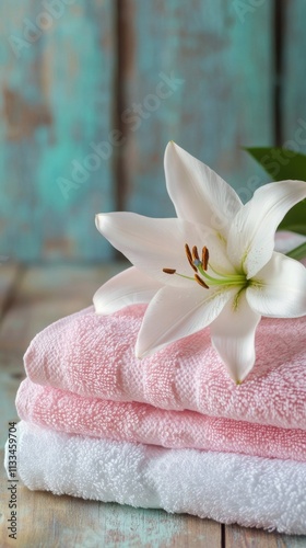 Soft towels and a pink lily on a rustic wooden table create a serene relaxati...