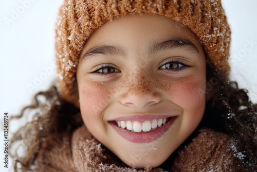 Smiling child with curly hair and freckles enjoying a winter day in the snow with warm hat and scarf