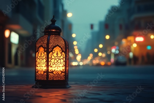 Street lantern illuminating a city sidewalk during dusk time with blurred cit...