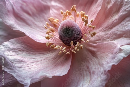 Close up view of a delicate pink flower highlighting intricate details and te...