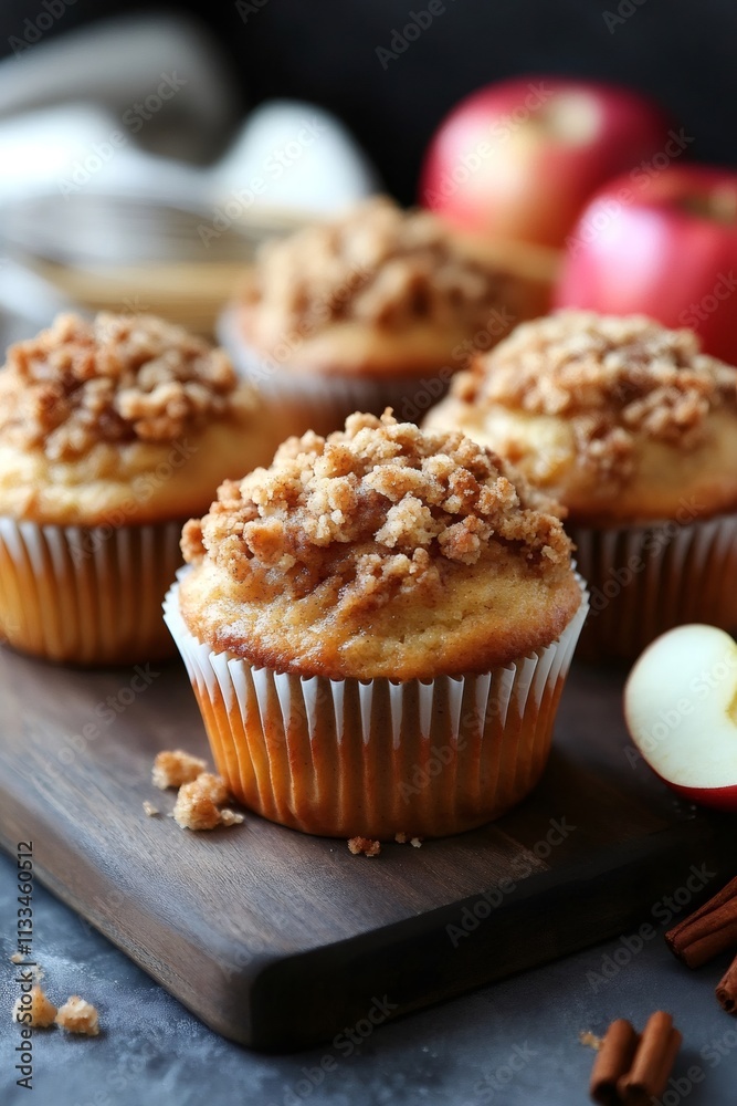 Delicious apple crumble muffins baking on wooden board Delicious apple crumble muffins baking on wooden board
