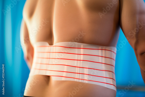 Person using tape on the back to help reduce pain from muscle strain or repetitive movements. photo