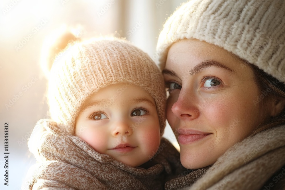 Mother and child share a warm embrace outdoors during a sunny winter day wearing cozy hats Mother and child share a warm embrace outdoors during a sunny winter day wearing cozy hats