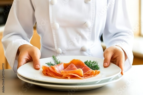 Manos de una hermosa chica sosteniendo una fina loncha de jamón de Parma en un entorno desenfocado photo