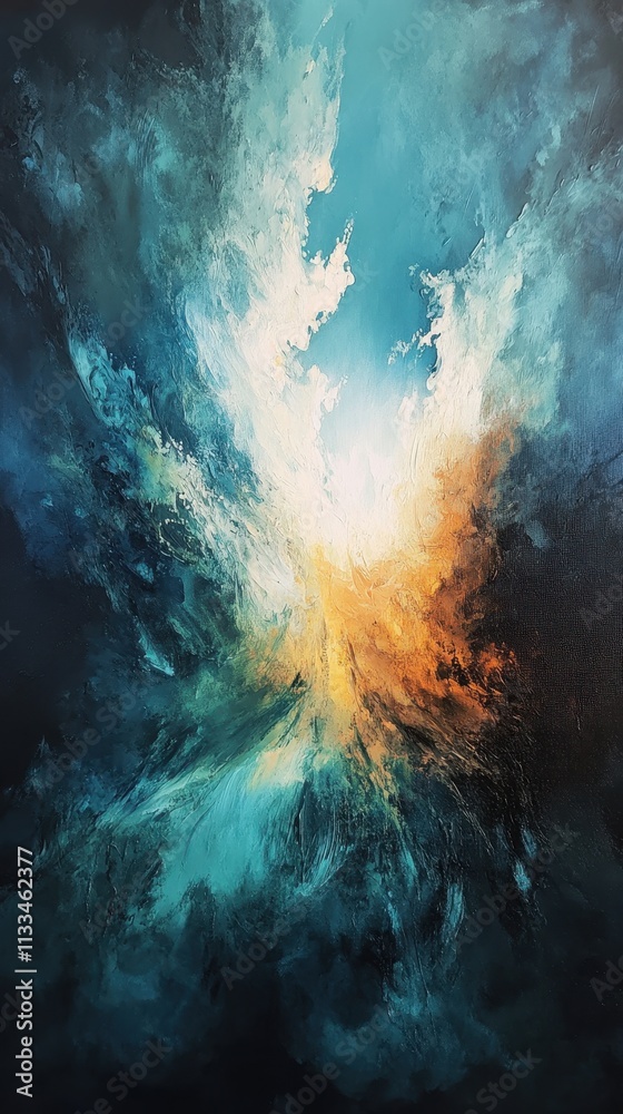 Obraz premium Abstract celestial explosion of light with dynamic brushstrokes in shades of blue, white, and orange