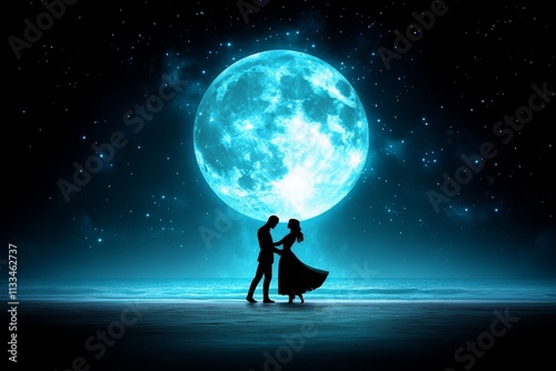 Silueta de una pareja enamorada bailando bajo la luz de la luna llena en la playa