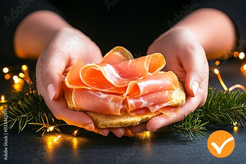 Mujer disfruta de una experiencia gourmet con prosciutto crudo di Parma en un ambiente acogedor photo