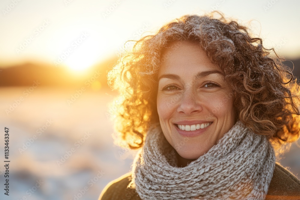 Smiling woman with curly hair stands outdoors during sunset in a winter landscape with snow and golden light Smiling woman with curly hair stands outdoors during sunset in a winter landscape with snow and golden light