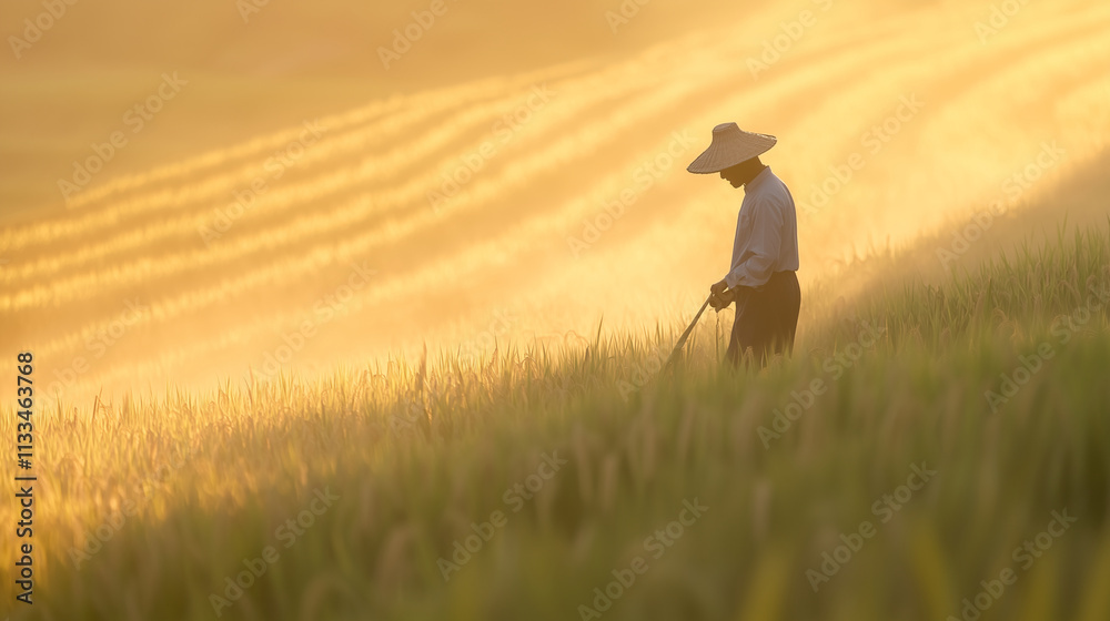 Fototapeta premium Farmer in Rice Paddy Field during Golden Hour in Ubud